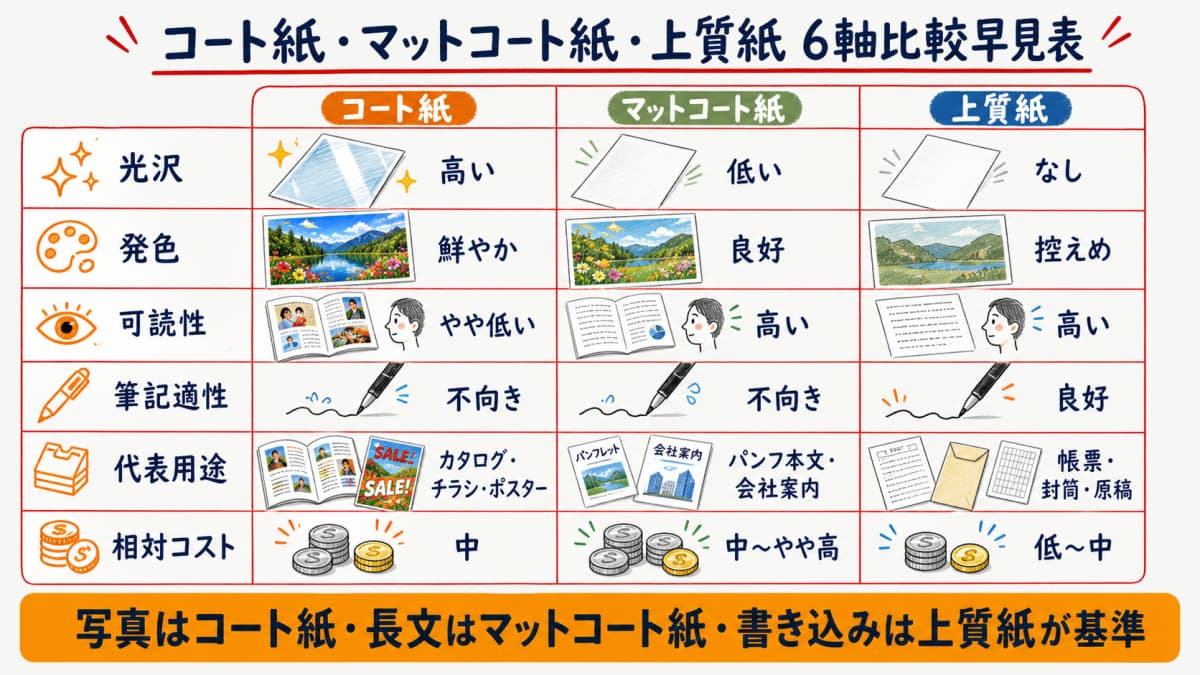 コート紙とマットコート紙と上質紙を光沢と発色と可読性と筆記と用途とコストの6軸でアイコン化した比較早見表