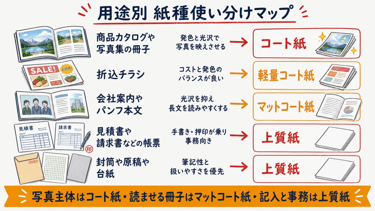カタログとパンフと折込チラシと帳票の用途から推奨紙種へ矢印で結んだ紙種使い分けマップ