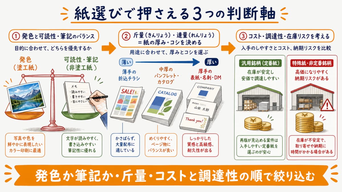 発色と可読性のトレードオフと斤量による厚みとコスト調達性の3つの判断軸を座標で整理した図