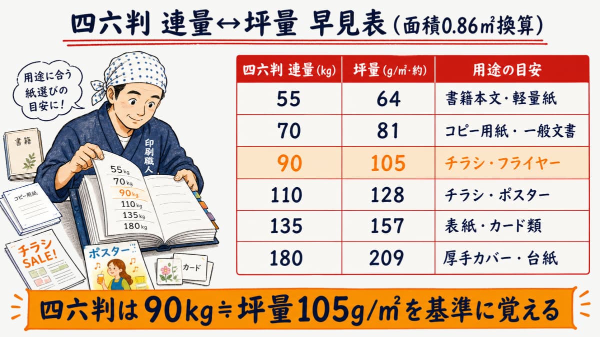 四六判の連量55から180kgと対応坪量約64から209g/㎡を朱色のヘッダーで示した換算早見表