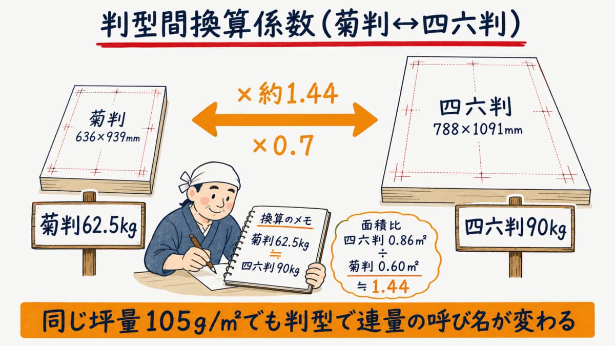 判型間換算のイメージ図として菊判62.5kgが係数約1.44倍で四六判90kgとつながる関係を矢印で示した図解