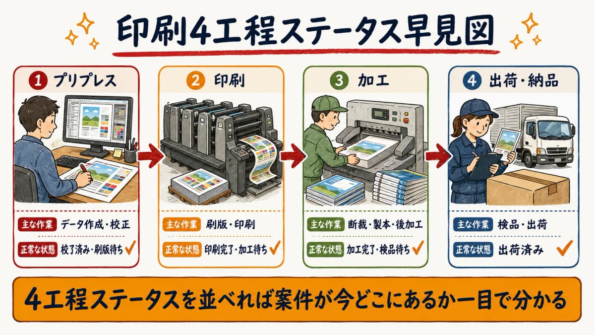 プリプレスから納品までの4工程と各ステータスを並べた印刷進捗の早見図
