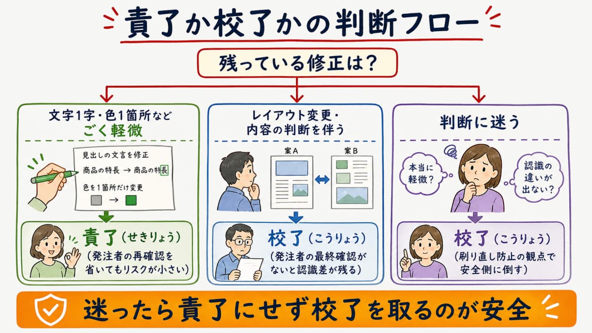 発注者が最終確認する校了と軽微修正を制作側責任で反映する責了の分岐を示すフローチャート
