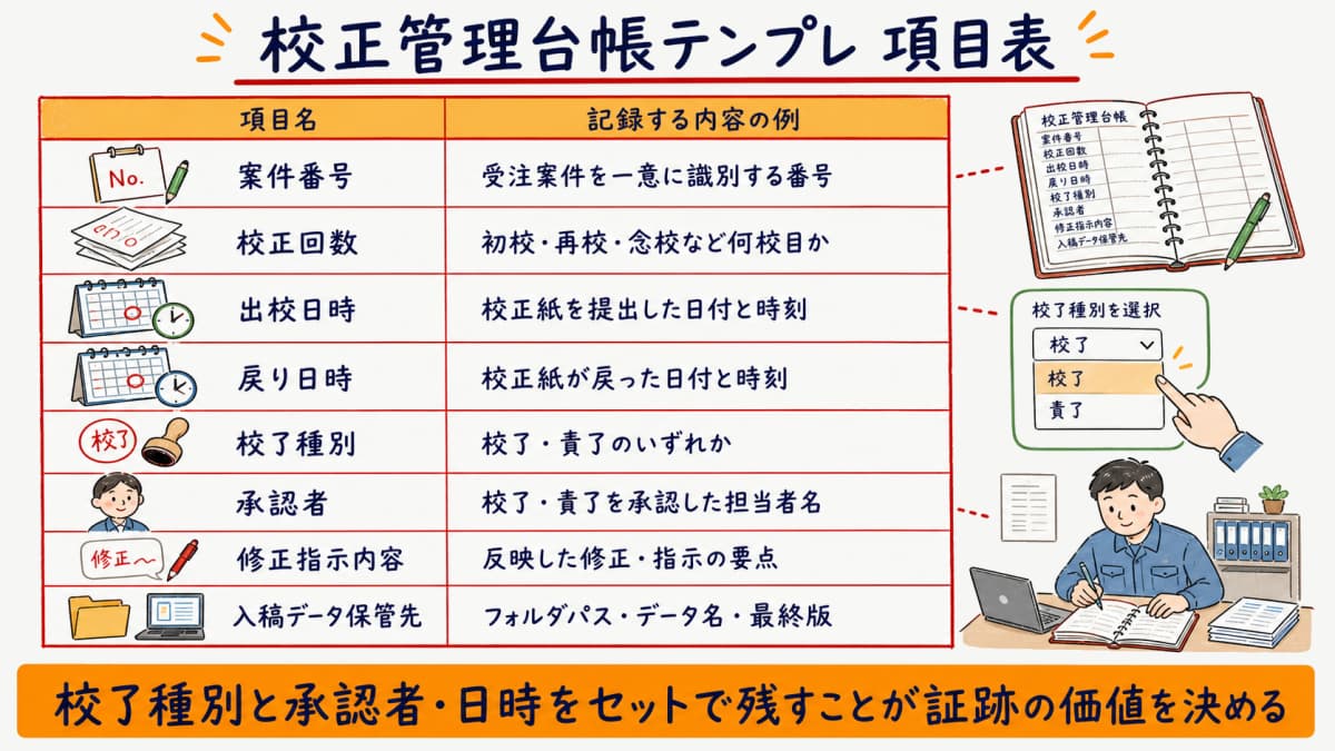 案件番号や校正回数や出校戻り日時や校了種別や承認者や修正指示や入稿データ保管先を並べた校正管理台帳テンプレの項目表