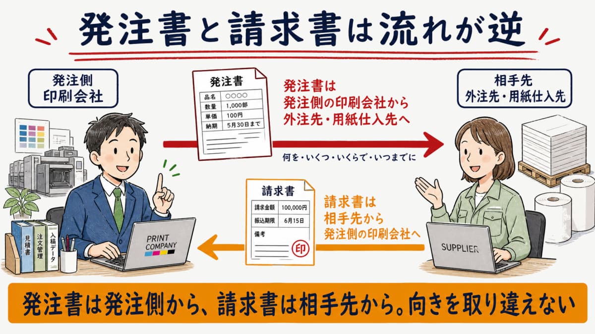 印刷の発注書と請求書の逆方向の流れを1枚で対比した全体像の図