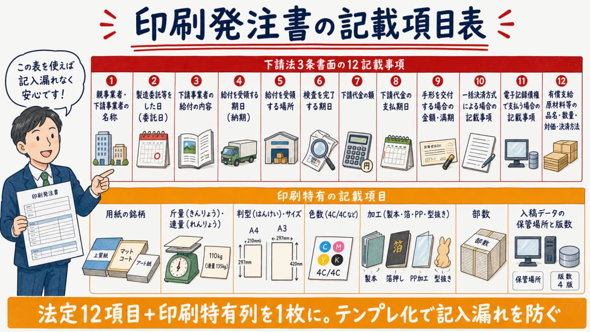 印刷発注書の法定12列と印刷特有列をまとめた記載項目表のイメージ