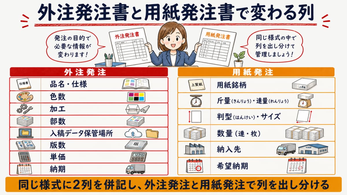 外注発注書と用紙発注書で変わる列を対比した差分の比較図