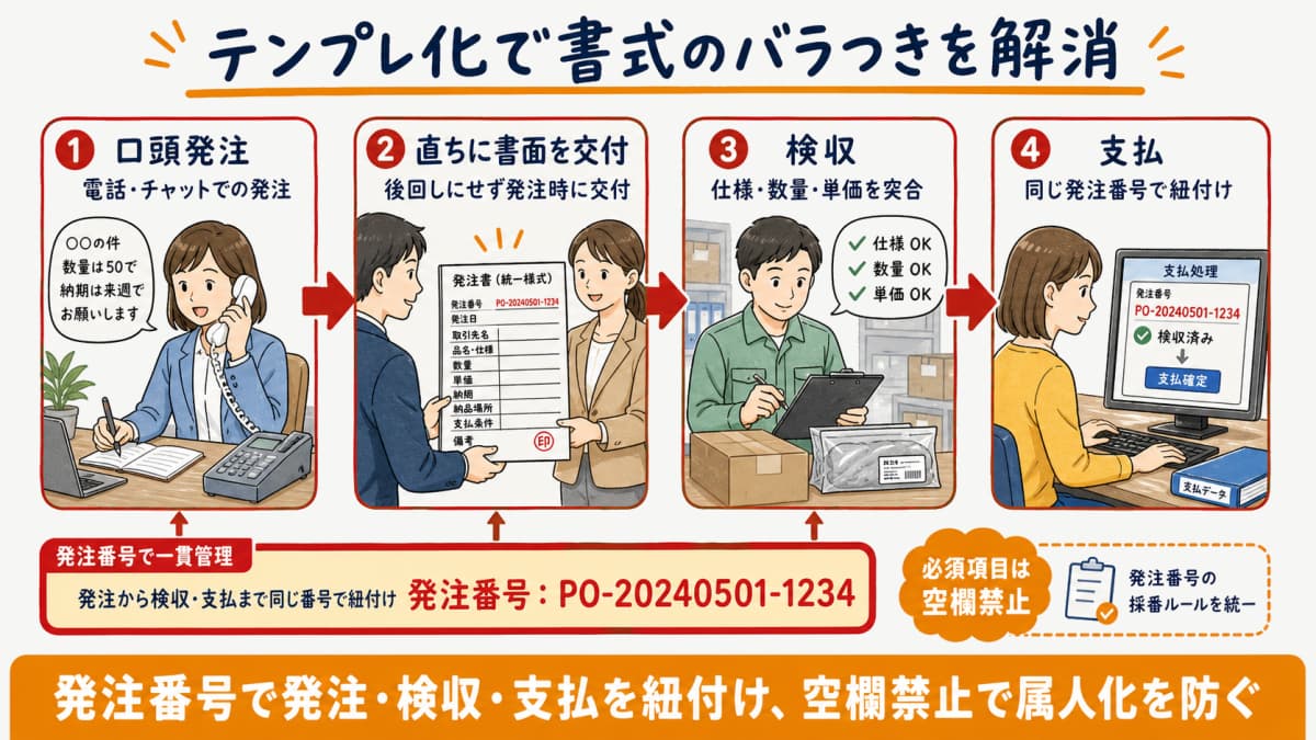 発注書テンプレ化で書式のバラつきを解消する運用フローの図