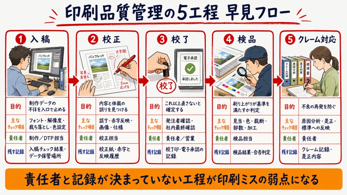入稿から校正・校了・検品・クレーム対応までの印刷品質管理5工程フローと各工程のチェック項目と残す記録を示した図