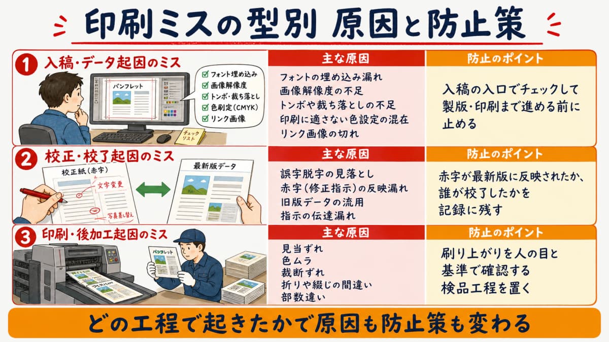 入稿系と校正系と印刷後加工系の3つの型ごとに印刷ミスの原因と防止策を並べた対応表の図