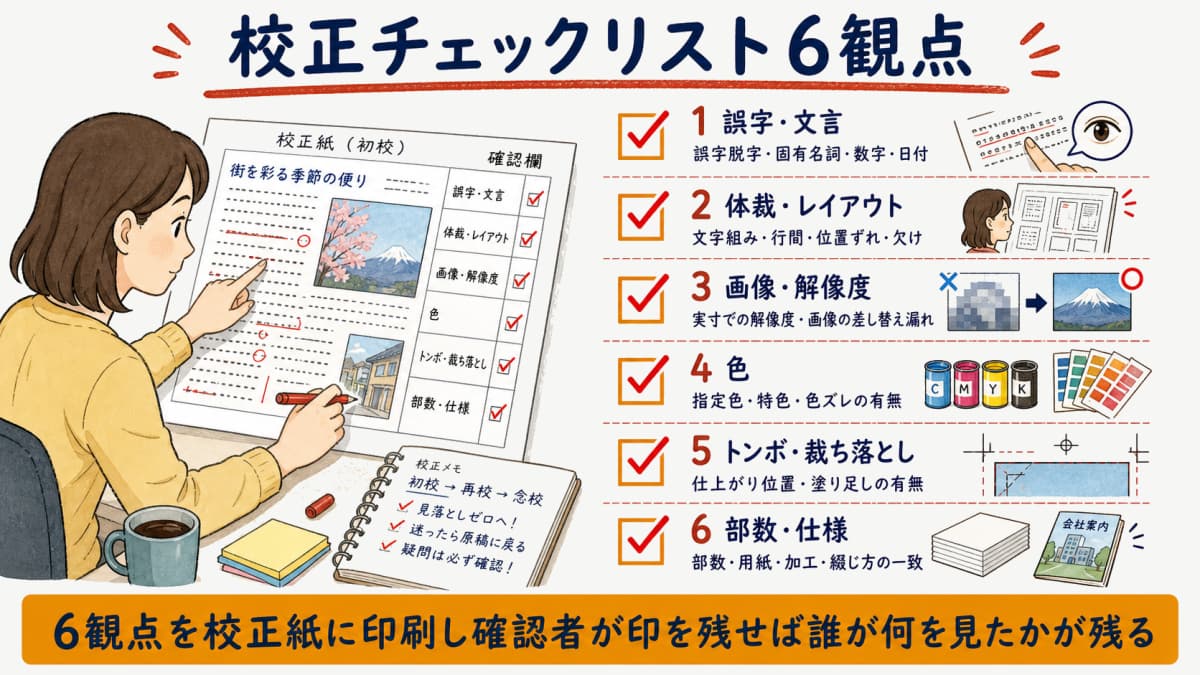 誤字と体裁と画像解像度と色とトンボと部数仕様の6観点を並べた校正チェックリストの図