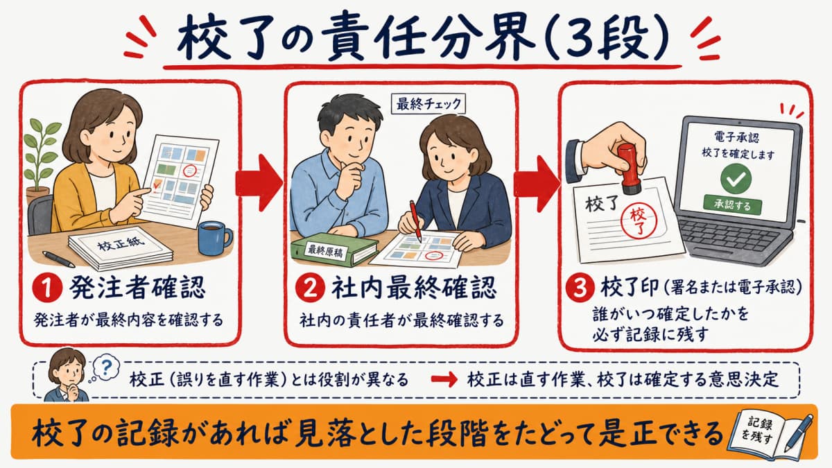発注者確認から社内最終確認と校了印または電子承認までの3段で校了の責任を分けた責任分界の図