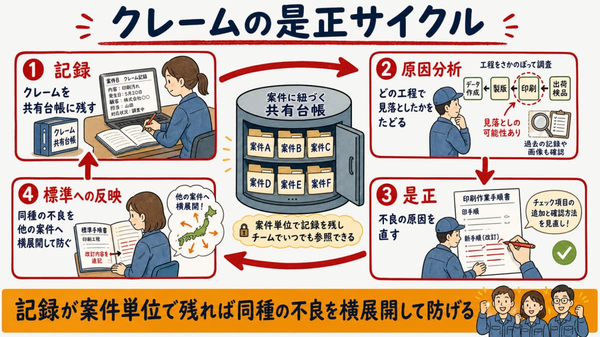 クレームを記録し原因分析と是正を経て標準へ反映する是正サイクルと記録の残し方を示した図