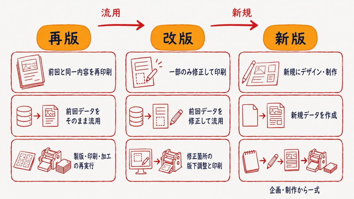 再版・改版・新版の違いを前回データの流用度合いで整理した早見表のイメージ