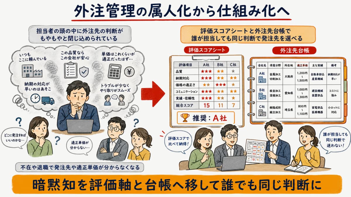 外注管理を担当者の頭の中の判断から評価スコアシートと外注先台帳へ移す仕組み化のイメージ図