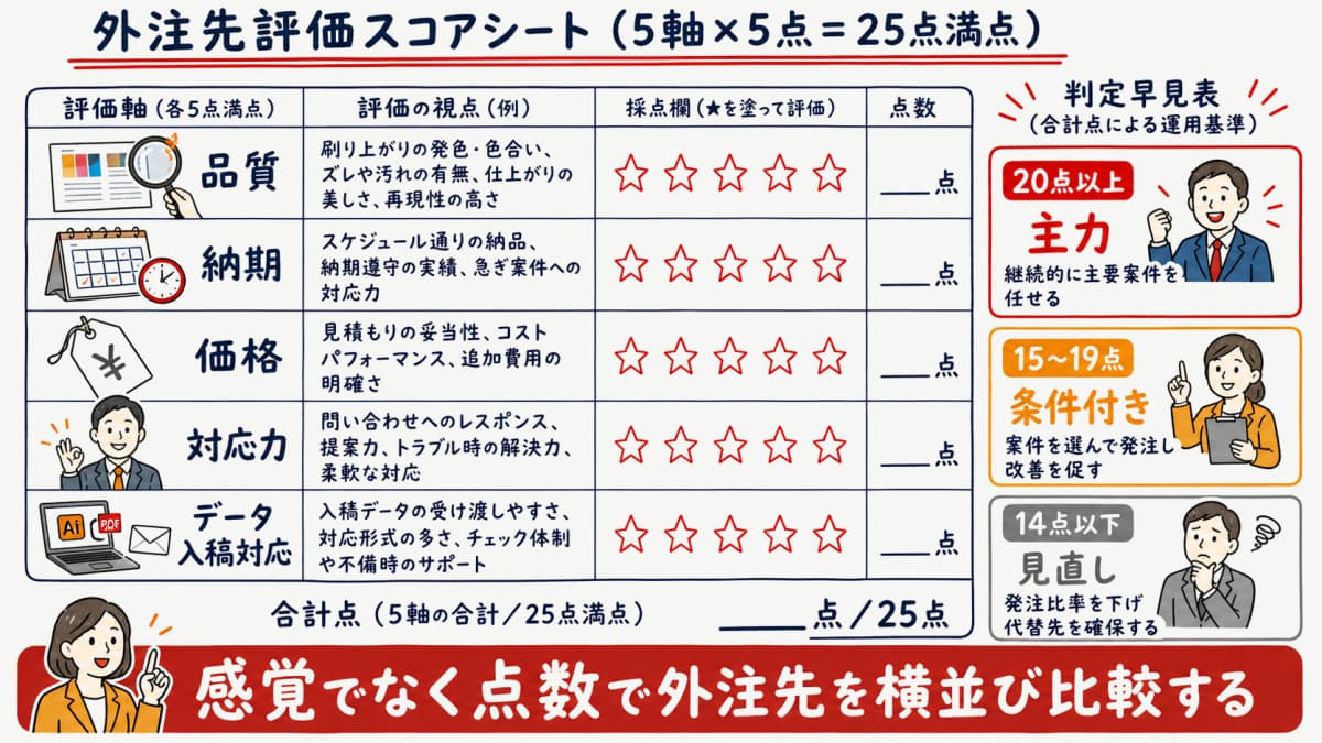 品質・納期・価格・対応力・データ入稿の5軸を5点満点で採点し25点満点で色分けした外注先評価スコアシートの図