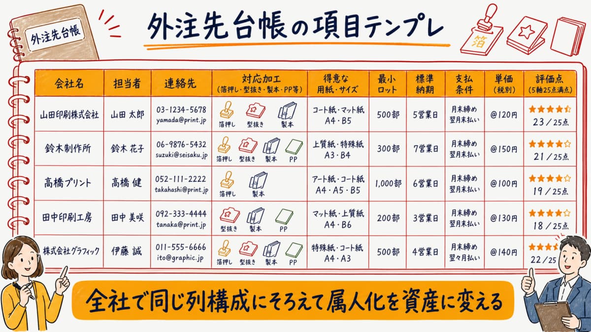 会社名・対応加工・得意な用紙サイズ・最小ロット・標準納期・支払条件・単価・評価点を列にした外注先台帳の項目テンプレ表の図