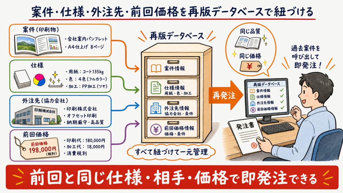 案件から仕様と外注先と前回価格を再版データベースに紐づけて再発注を呼び出す関係図