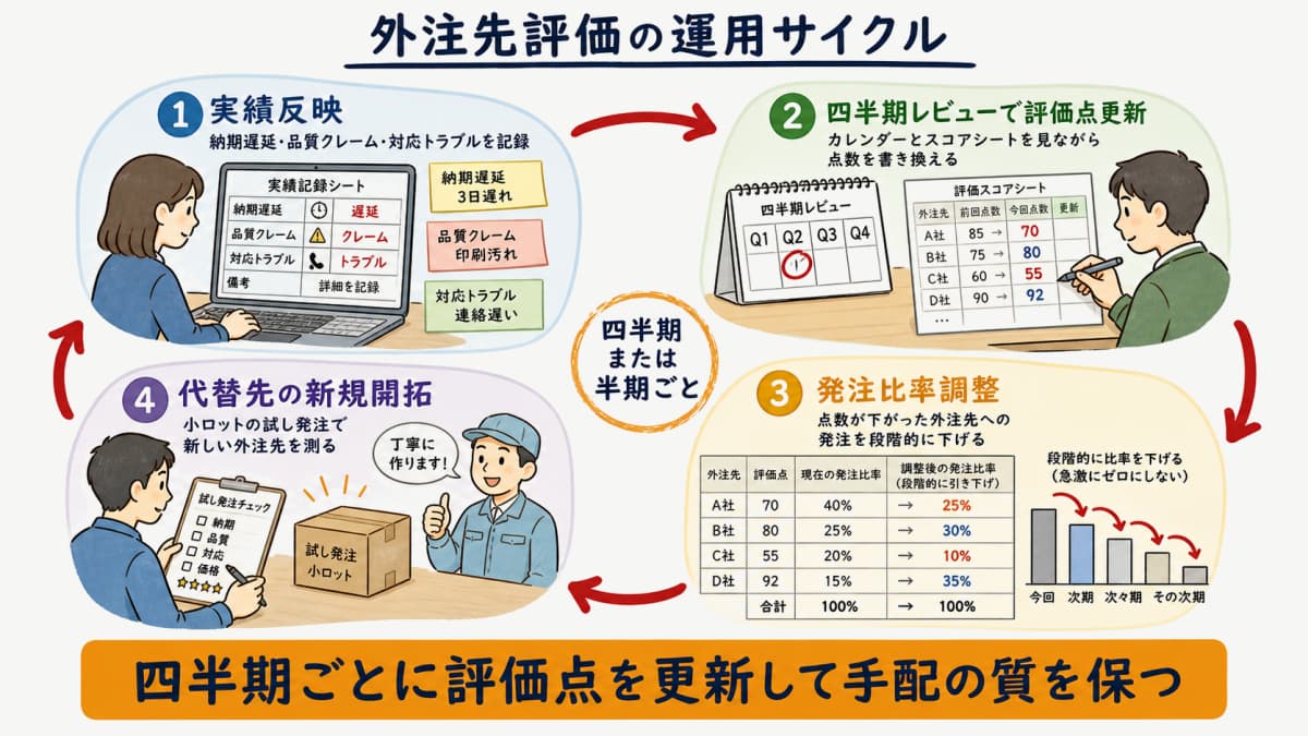 実績反映から四半期レビューでの評価点更新と発注比率調整と代替先開拓へ続く外注先評価の運用サイクル図