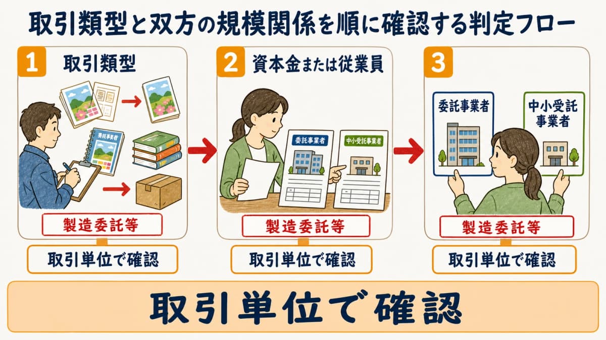 取引類型と双方の規模関係を順に確認する判定フロー