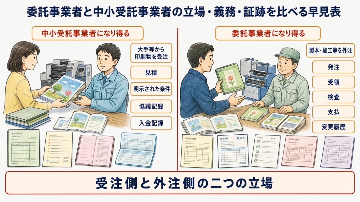 委託事業者と中小受託事業者の立場・義務・証跡を比べる早見表