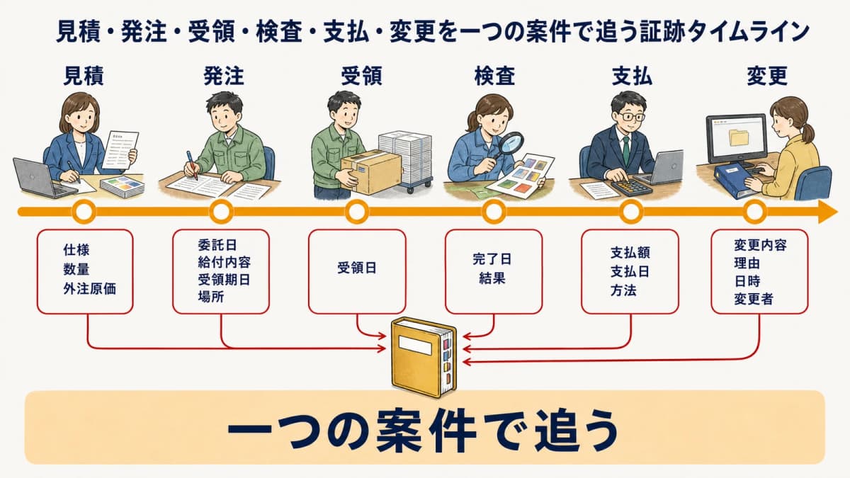 見積・発注・受領・検査・支払・変更を一つの案件で追う証跡タイムライン