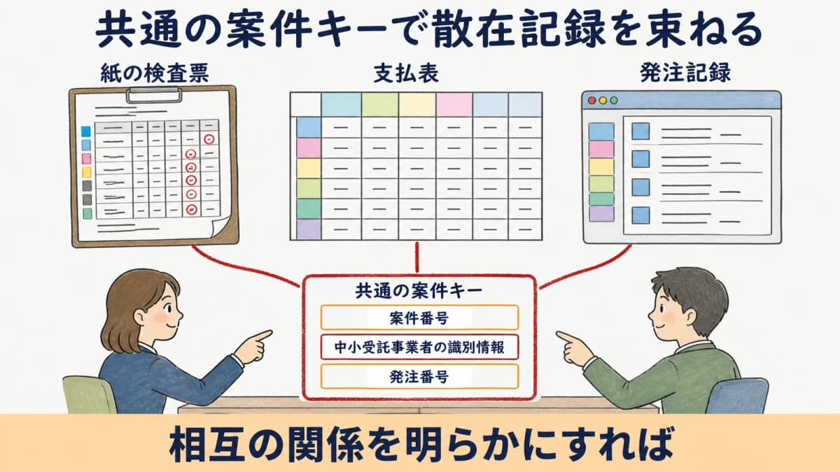 共通案件キーで紙・Excel・システムの散在記録を束ねる構図