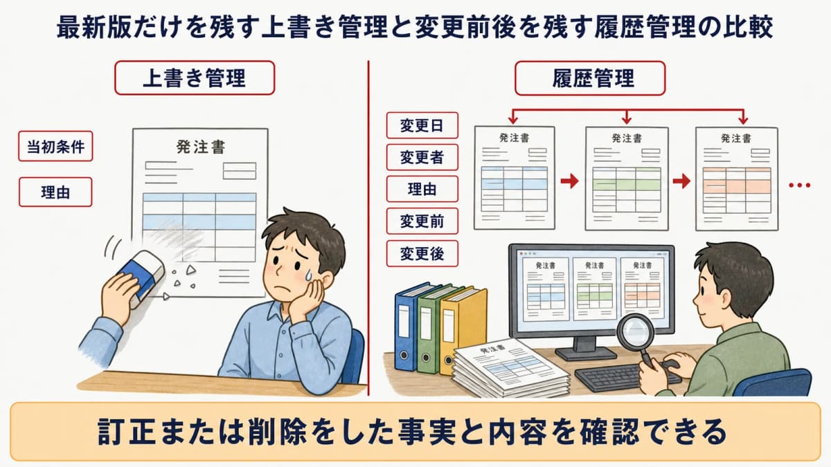 最新版だけを残す上書き管理と変更前後を残す履歴管理の比較