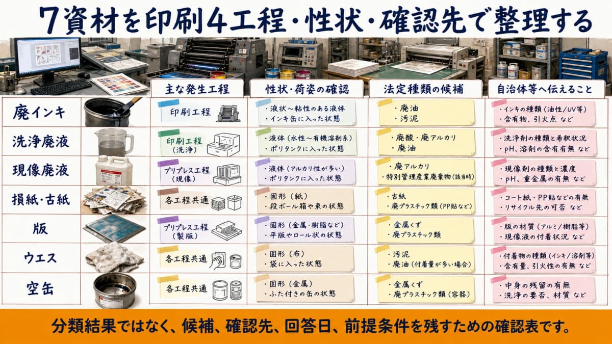 7資材を印刷4工程・性状・確認先で整理する確認マトリクス
