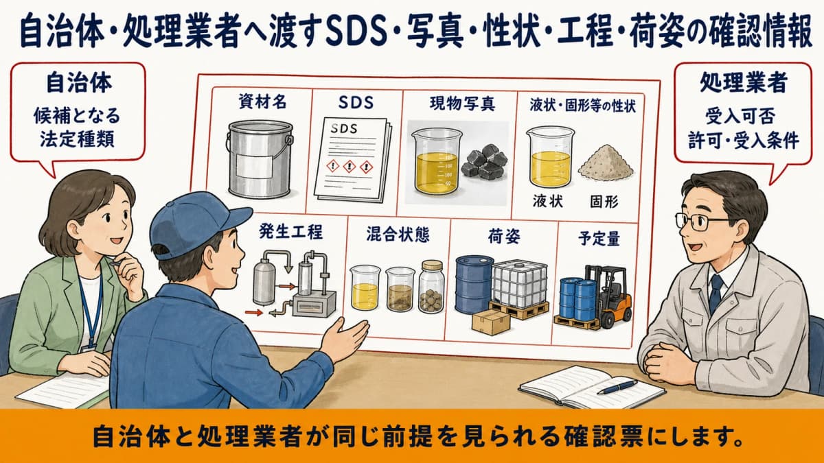 自治体・処理業者へ渡すSDS・写真・性状・工程・荷姿の確認情報