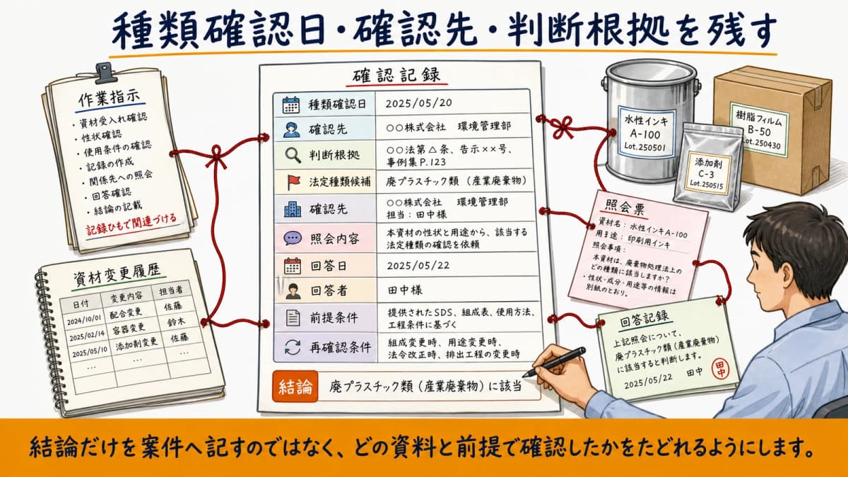 種類確認日・確認先・前提条件を発生案件へひも付ける記録図