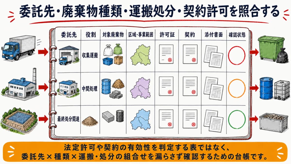 委託先・廃棄物種類・運搬処分・契約許可を照合するマトリクス