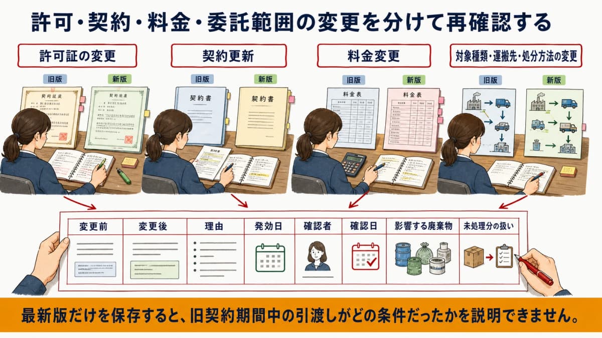許可・契約・料金・委託範囲の変更を分けて再確認するフロー