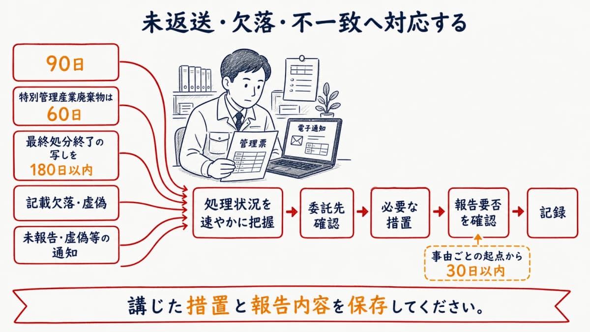 未返送・記載欠落・不一致・電子通知から状況把握へ進むフロー