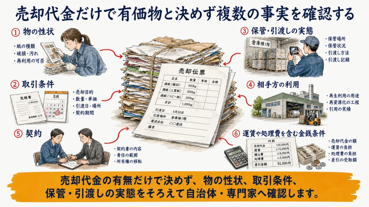 売却代金だけで有価物と決めず複数の事実を確認する注意図