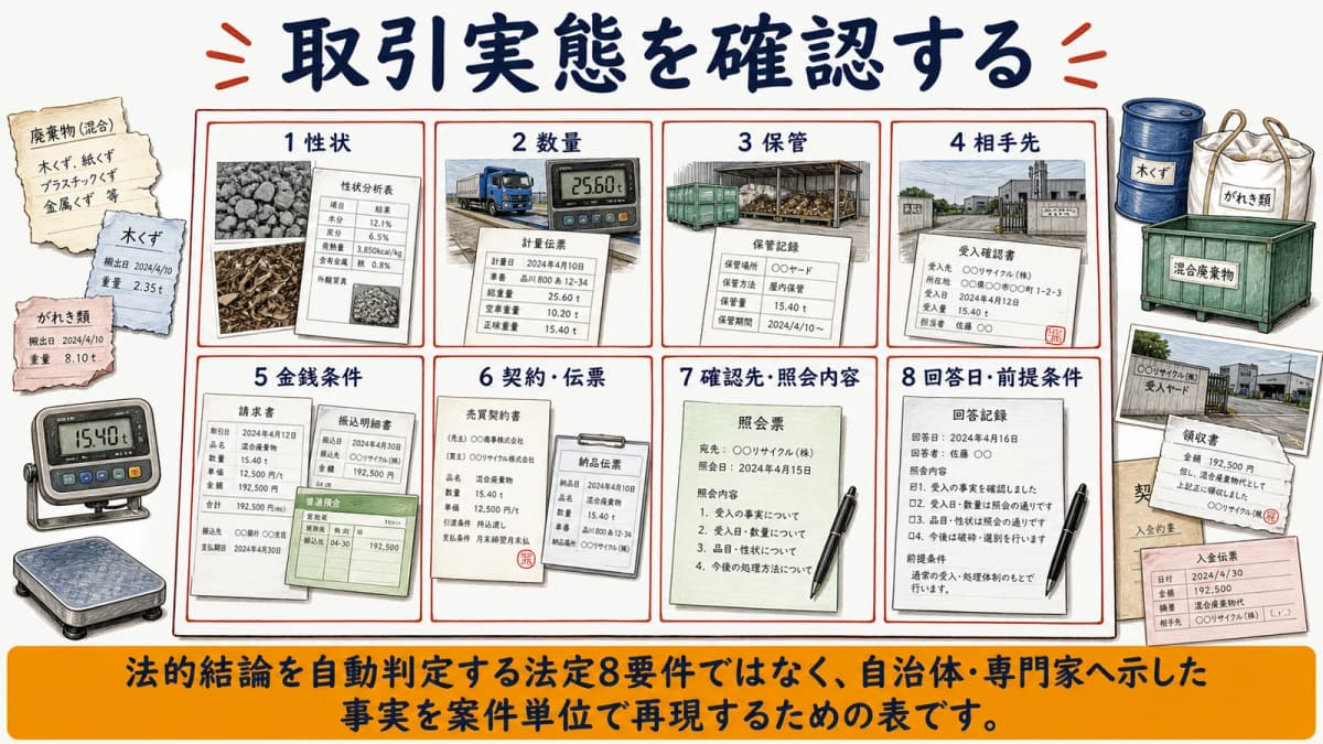 損紙・古紙の性状・数量・保管・相手先・金銭条件など8欄の確認図