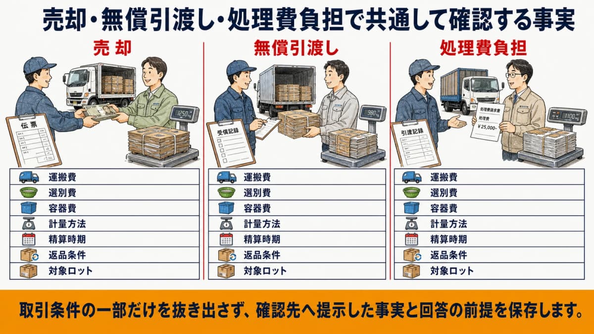 売却・無償引渡し・処理費負担で共通して確認する事実の比較