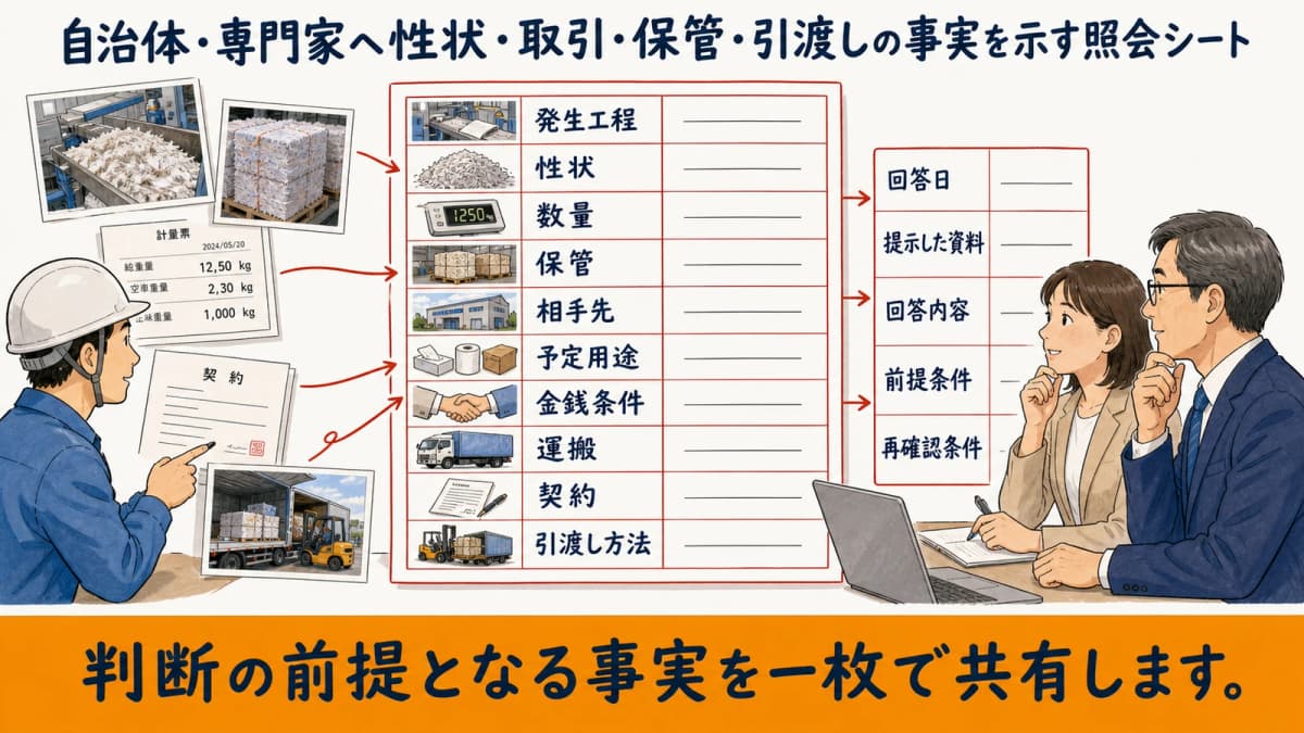 自治体・専門家へ性状・取引・保管・引渡しの事実を示す照会シート