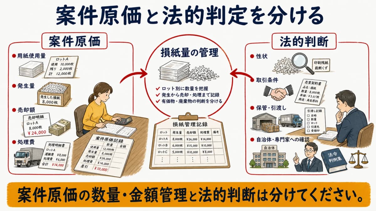 案件別の用紙・原価管理と有価物・廃棄物の法的判断を分ける図