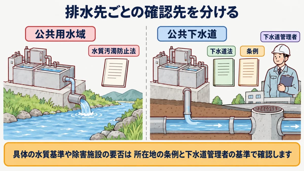 水質汚濁防止法と下水道法の確認先を排水先ごとに分ける図