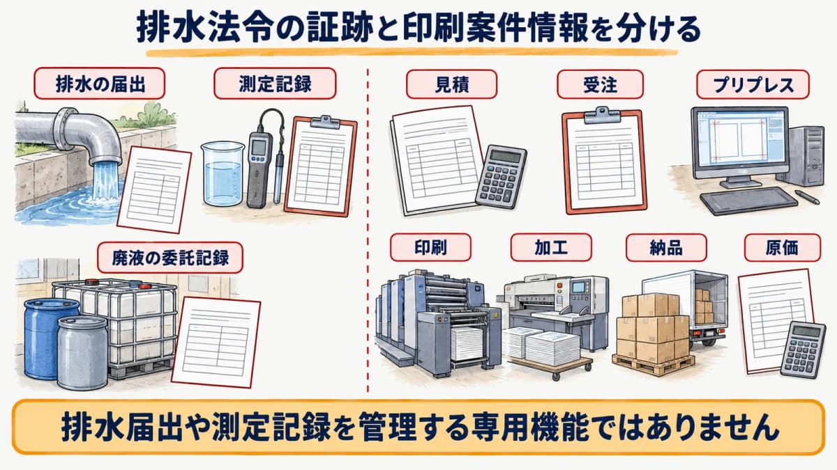 排水法令の証跡と印刷案件の見積・工程・原価情報を分ける図
