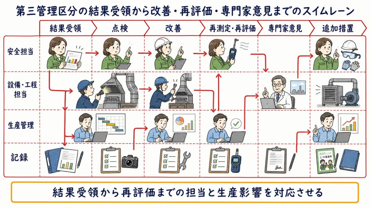 第三管理区分の結果受領から改善・再評価・専門家意見までのスイムレーン