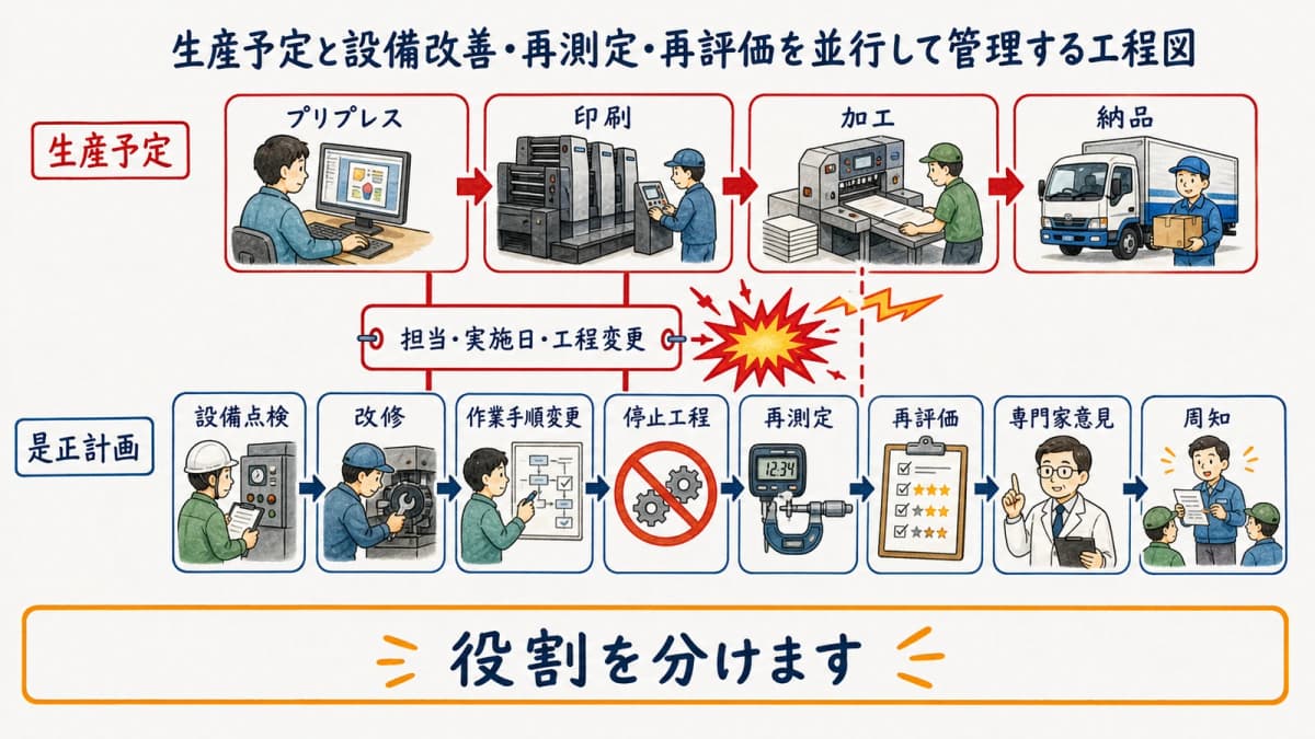 生産予定と設備改善・再測定・再評価を並行して管理する工程図
