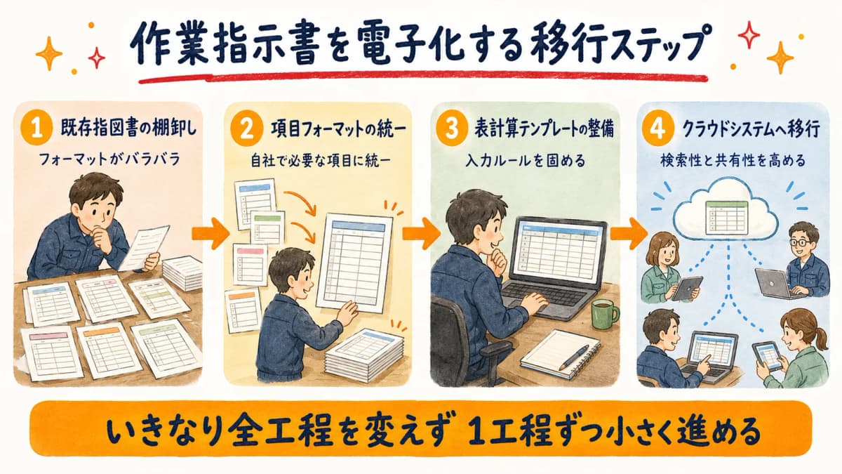 作業指示書を電子化する移行ステップの流れ図