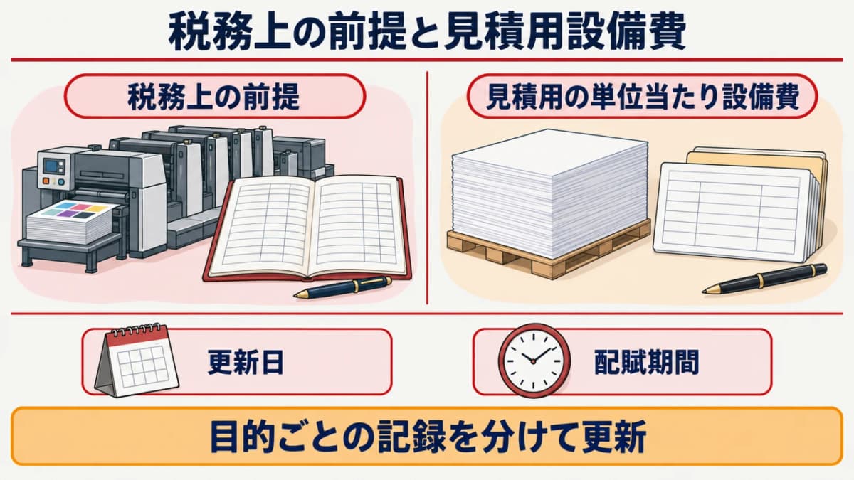 中古機の税務上の確認値と見積用設備費を分けて記録する図